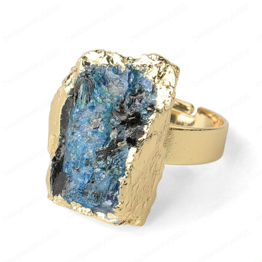 Natural Stone Gold-color Adjustable Ring Irregular Black Tourmaline Blue Crystal Finger Rings for Women Trendy Jewelry