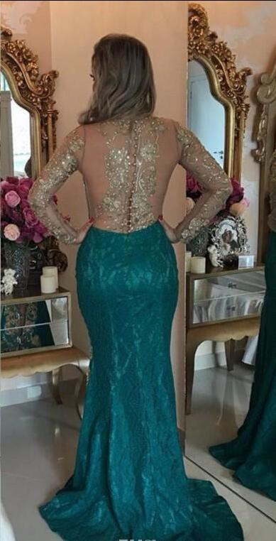 Long Sleeve Turquoise Mermaid Prom Dresses Arabic Style Backless Sparkly Beaded Applique Front Split Sheer Evening Party Gowns 2019 New