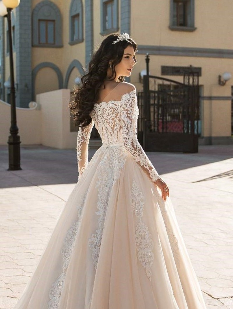 new country wedding dresses long sleeve sheer jewel neck lace appliqued boho wedding dress bridal gowns robe de mariee