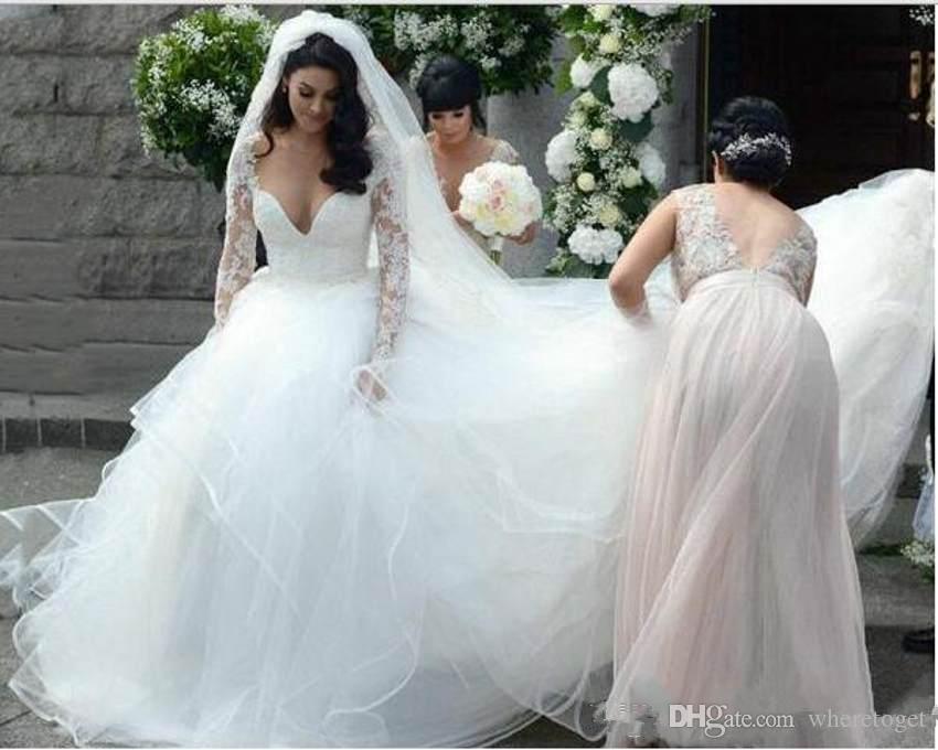 long sleeve new wedding dresses lace appliqued v neck bridal gowns sweep train a line vestidos de novia