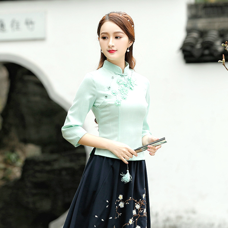 Ladies Green Cheongsam Blouse Chinese Style Daily Restore Ancient Seven-Sleeve Guzheng Clothes Qipao Shirt Tops Summer Plus Size
Ladies Green Cheongsam Blouse Chinese Style Daily Restore Ancient Seven-Sleeve Guzheng Clothes Qipao Shirt Tops Summer Plus Size