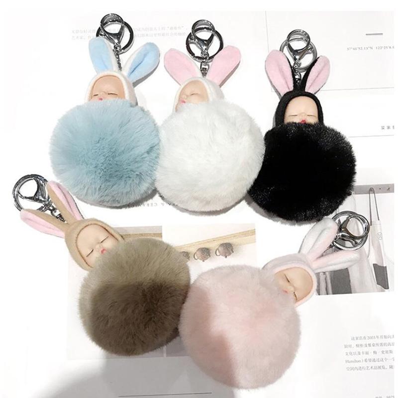 30pcs /Lot Plush Dolls Keychains Lovely Rabbit Ear Sleeping Baby Key Ring Creative Gift Fashion Jewelry For Girls Bag Decoration