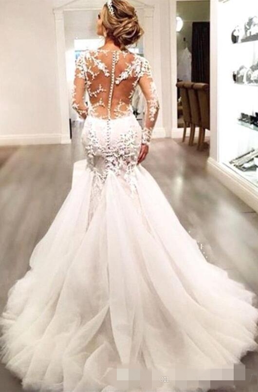 Long Sleeves Charming Mermaid Dresses Lace Applique V Neck Illusion Backless Covered Buttons Train Wedding Bridal Gown
