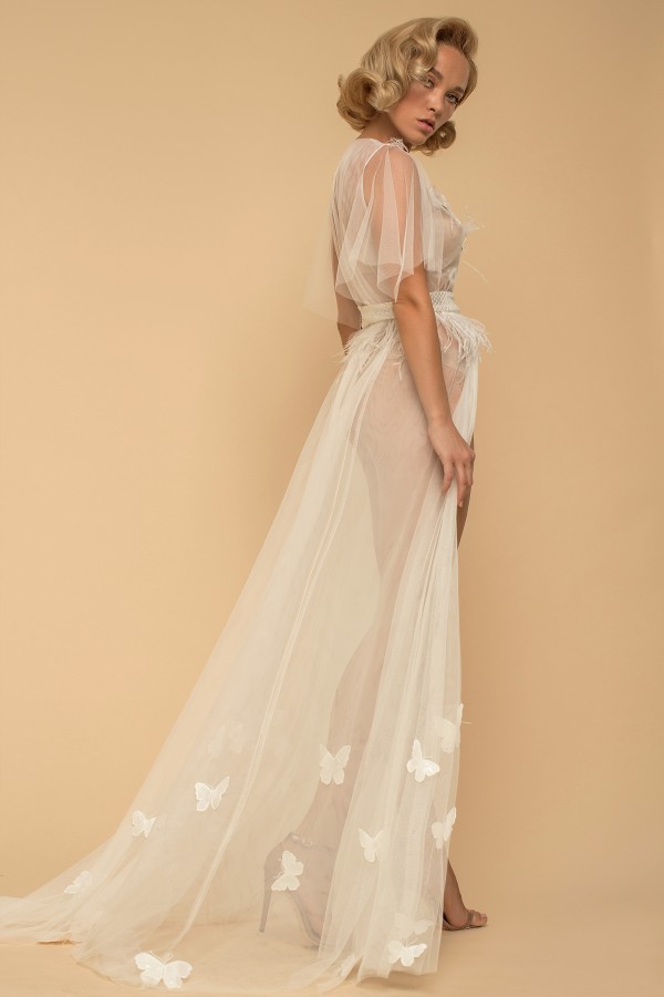 Fashion Sexy Nightgowns Illusion Short Sleeve Bath Robe Sleepwear Lace Appliques Bridal Bride Bridesmaid Robes For Wedding