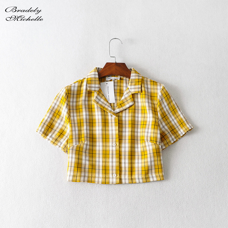 Summer Women Vintage Elegant Button Up Crop tops shortsleeve Turndown Collar Blue Crop tops shirt