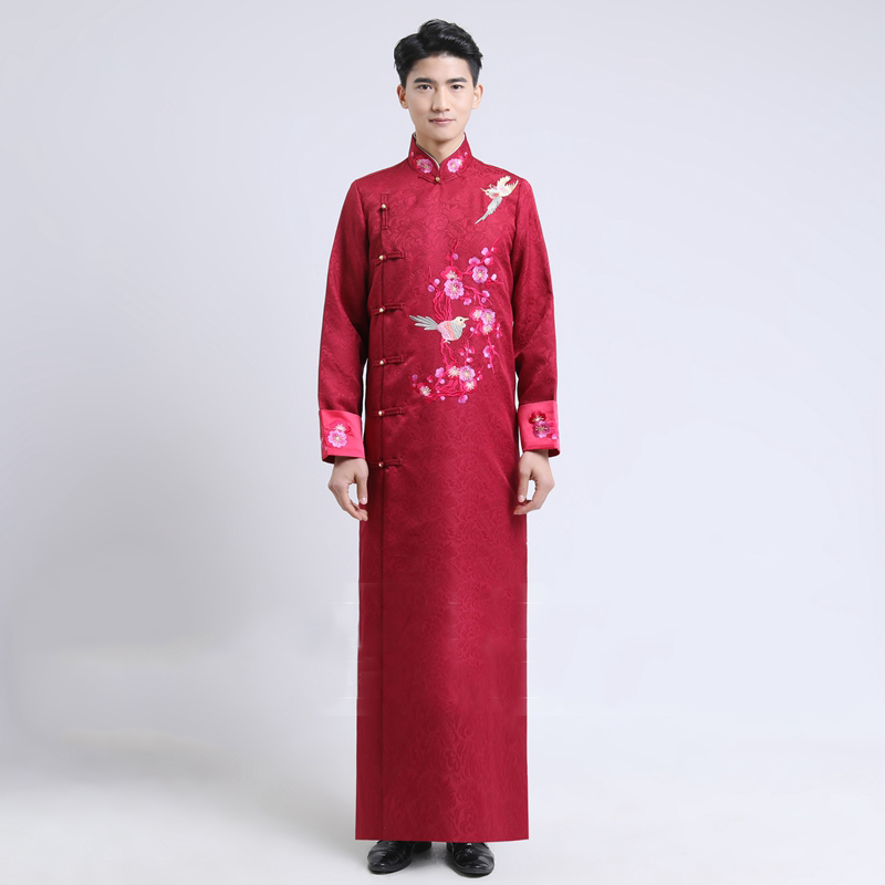 Traditional stand Collar Men ethnic Wedding clothing Bridegroom Embroidered ancient Chinese cheongsam male long gown Vestidos