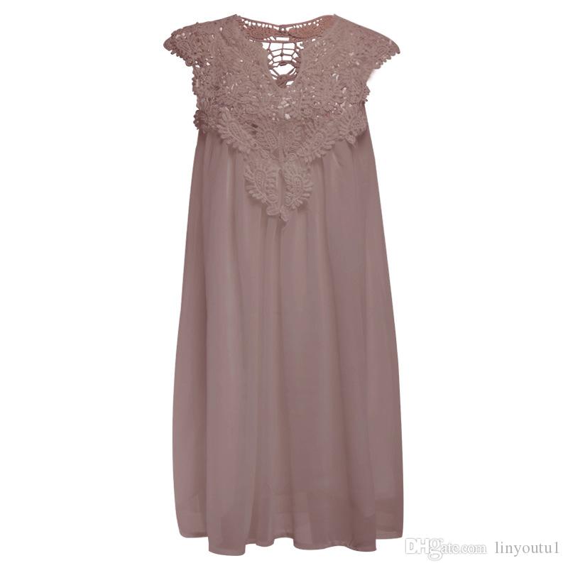 2020 Women's Bohemia summer dress stitching loose sexy dress Short Sleeveless chiffon solid lace beach dress women dropshing