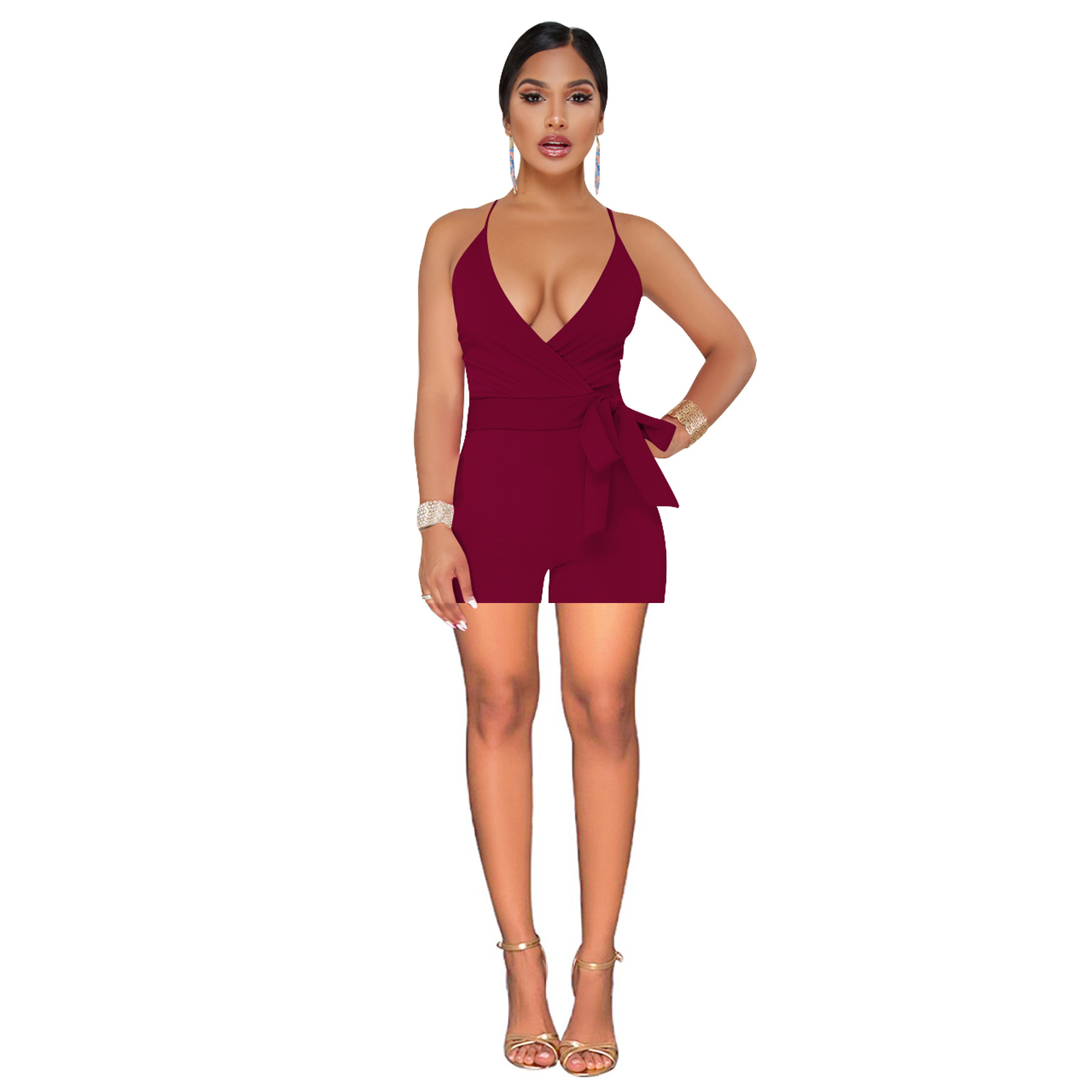 Spot Jumpsuits European spring and autumn fashion sexy deep V-neck solid color one-piece shorts support mixed batch
