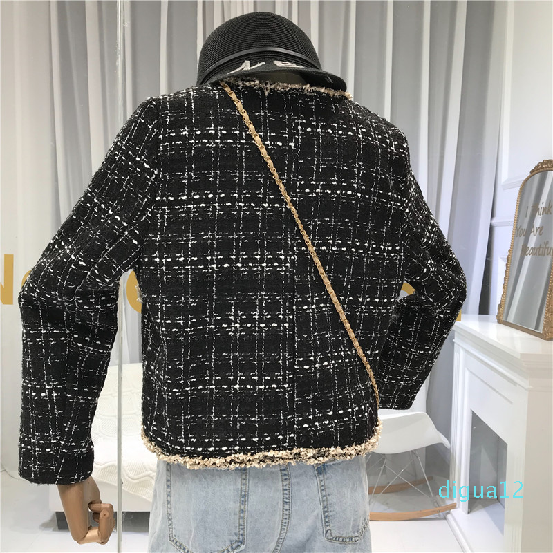 Fashion- Women Buttons Pockets Design Tweed Jackets Tassel Plaid Coats Female Autumn