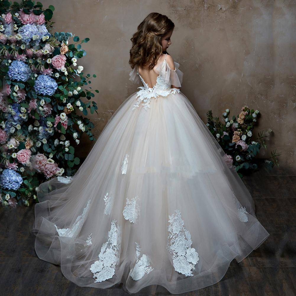 Backless Flower Girl Dresses For Weddings Ball Gown Spaghetti Straps Tulle Lace Long First Communion Dresses Little Girl