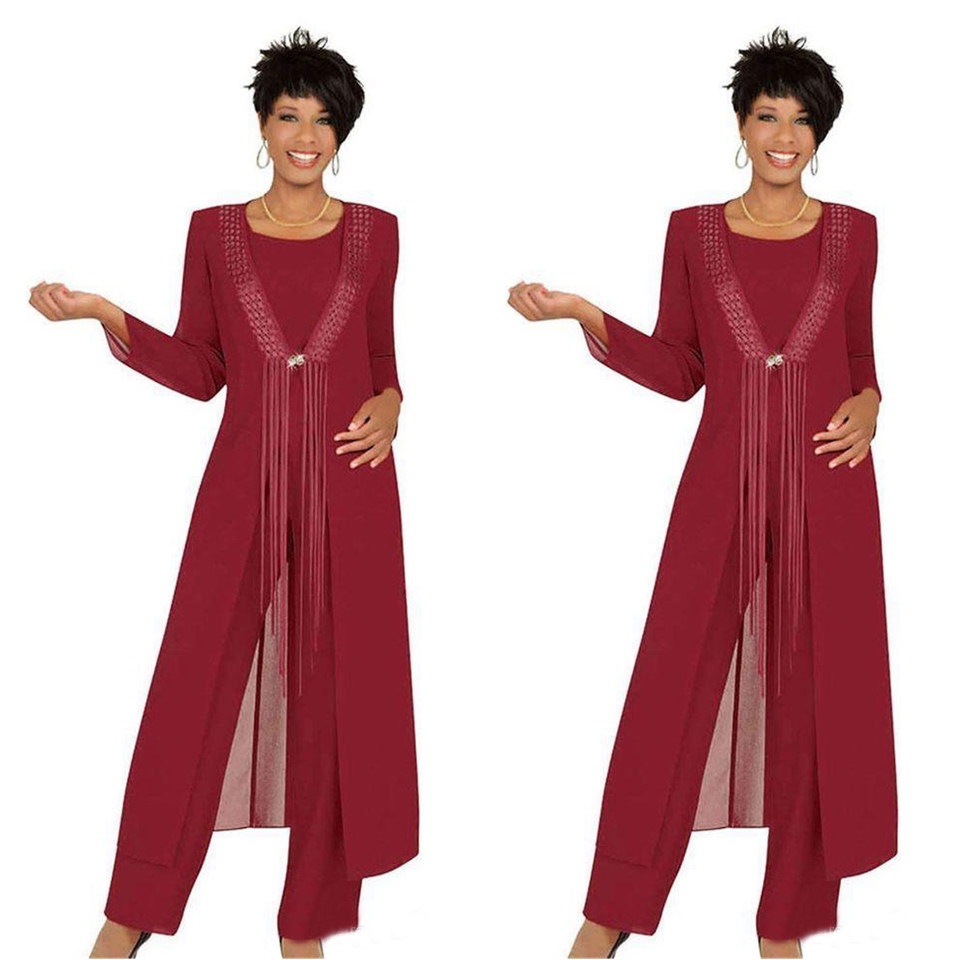 Three Piece Crimson Mother Of The Bride Pant Suits Party Gowns Floor Length Formal Garment Outfit Custom Formal Wedding Guest Dresses