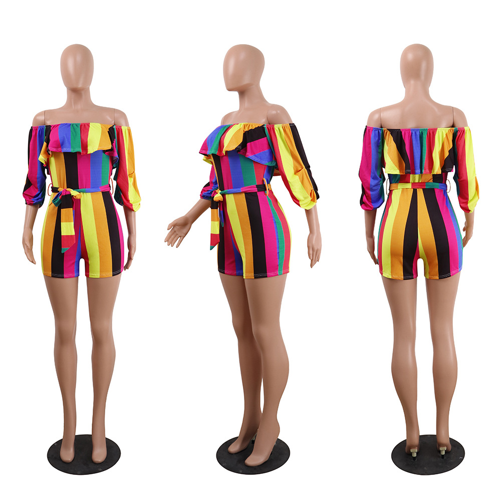 jumpsuit 2021 European sexy word collar off-the-shoulder ruffled long-sleeved pullover tube top printed belt jumpsuit support mixed batch