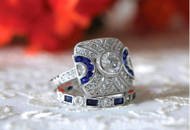 Sterg Sier Wedding Ring Set with Blue Sapphire CZ Dias for Mother's Day