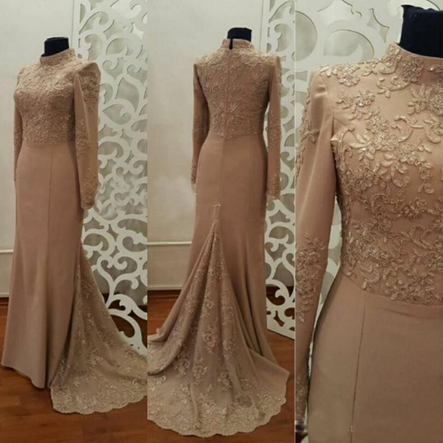 Mermaid Lace Arabic Muslim Evening Dresses 2019 High Neck Long Sleeves Satin Prom Dresses Sexy Vintage Bridesmaid Formal Gowns