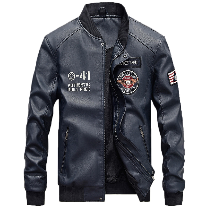 AFS Autumn Winter Embroidery Leather Jacket Men Thick Fleece PU leather Coat Stand Collar Baseball Jacket Men Plus Size 4XL D19010903