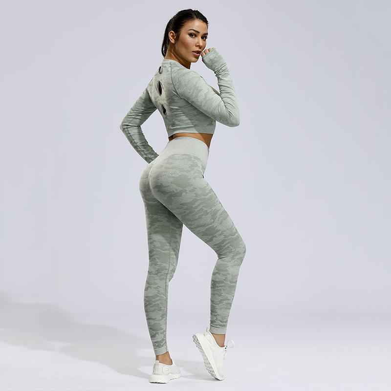 2PCS Camo Seamless Leggings Yoga Set Sportswear Women Fitness Clothing Booty Gym Leggings Long Sleeve Crop Top Sport Suit Workout Clothes MX200329