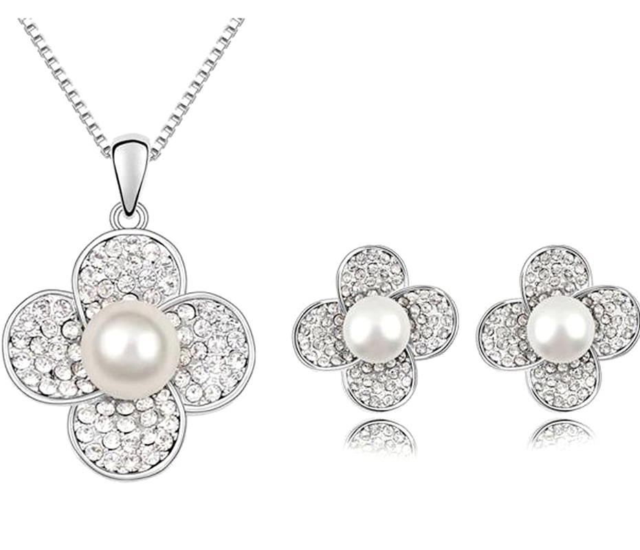 White Gold Plated CZ Crystal Diamante Flower and Pearl Center Necklace and Stud Earrings Jewelry Set
