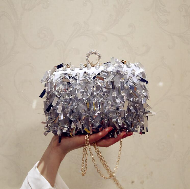 Tassel Diamond Clutch Bags Women Purse Ladies white Hand Bags Evening Bags for Party Wedding Silver Shoulder Bag