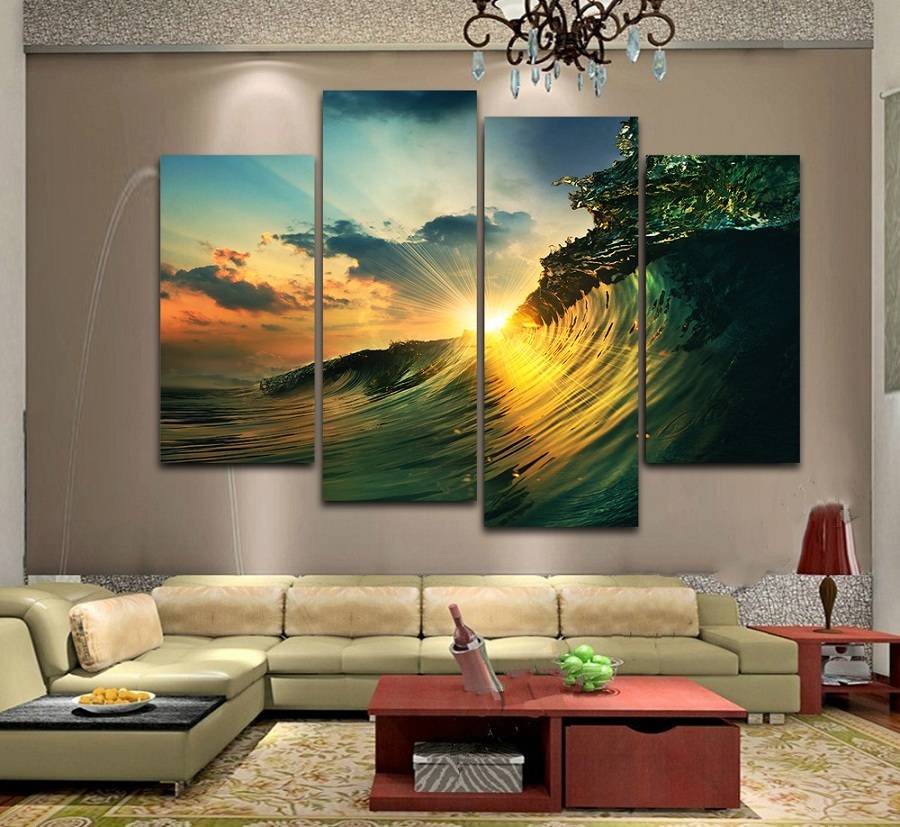 4pcs/set Unframed Moving Wave Under the Sunshine Print On Canvas Wall Art Picture For Home and Living Room Decor