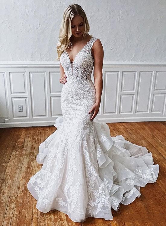 New Arrival Sexy Mermaid Wedding Dresses Lace Appliques Beads Sleeveless Open Back Ruffle Court Train Arabic Custom Formal Bridal Gowns