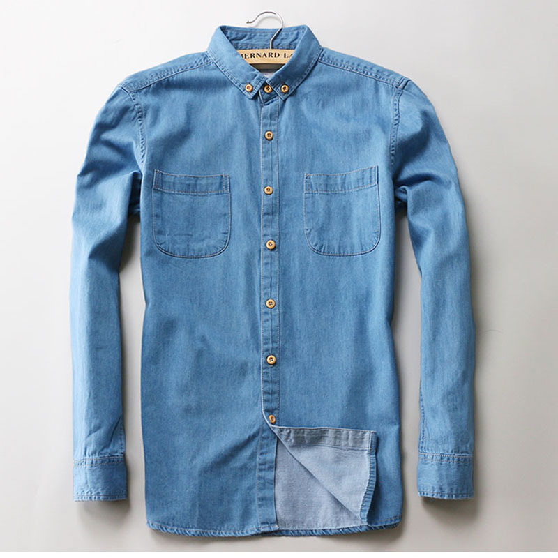 Two Front Pockets Spring Autumn Men Denim Shirt Long Sleeve Soft 100% Cotton Slim Jeans Cowboy Slim Shirt 4XL