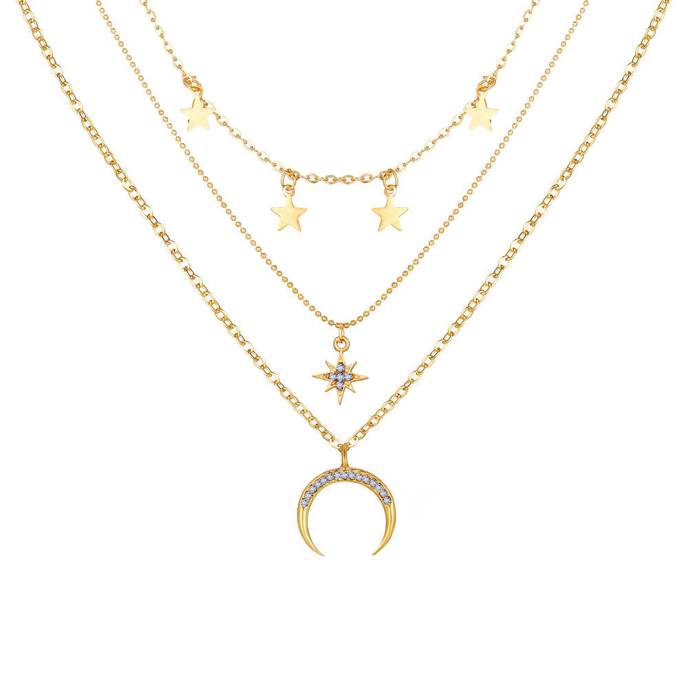 6 Styles Womens Fashion Jewelry Necklace Elegant Multi layer Moon Star Charms Gold Chain Pendant Necklace Jewelry Gift