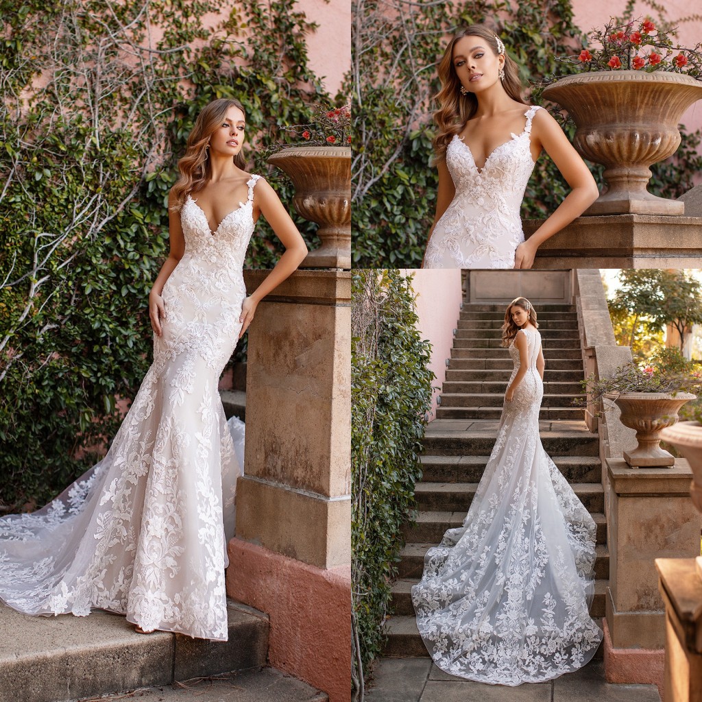 spring mermaid wedding dresses sexy deep v neck lace appliques bridal gowns zipper back beach wedding dress