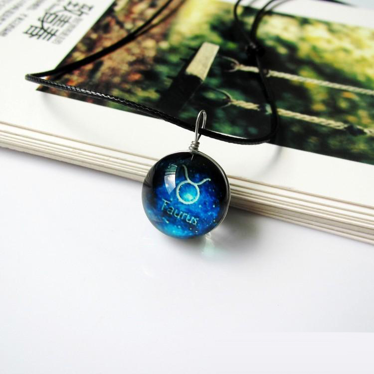 12 Zodiac Signs Luminous Necklace women Glow in the dark constellation Glass gemstone Pendant Black leather wax rope chains For Men Jewelry