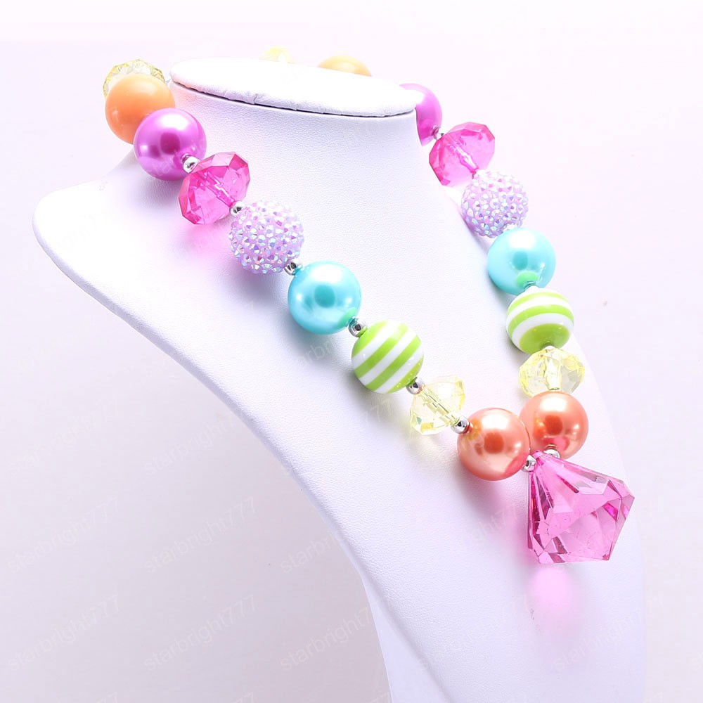 2Pcs Rainbow Color Kids Girls Beads Necklace Beautiful Chunky Bubblegum Necklace For Child Toddler Jewelry Party Gift