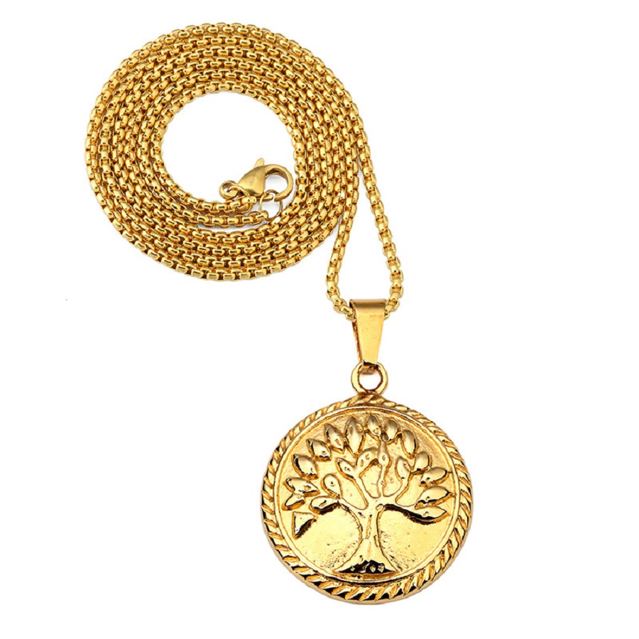 Fashion Mens Women 18k Gold Plate Pendant Necklace Round Charm Tree of Life Pendants Stainless Steel 60cm Long Chain Design Hip Ho