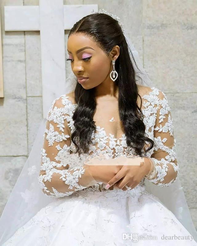 charming lace ball gowns wedding dresses long sleeve illusion african princess bridal gowns court train white wedding dress custom