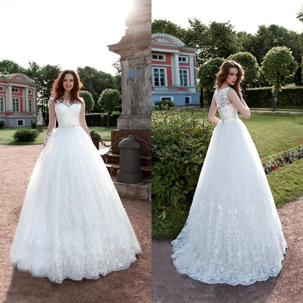 A Plus Size Line Dresses Bateau Neck Long Illusion Sleeves Lace Appliques Bridal Gowns Sweep Train Wedding Dress Vestidos De Noiva ppliques