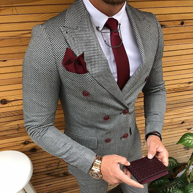 Fashion Brand New Check Groom Tuxedos Peak Lapel Groomsmen Mens Wedding Dress Style Man Jacket Blazer 2 Piece