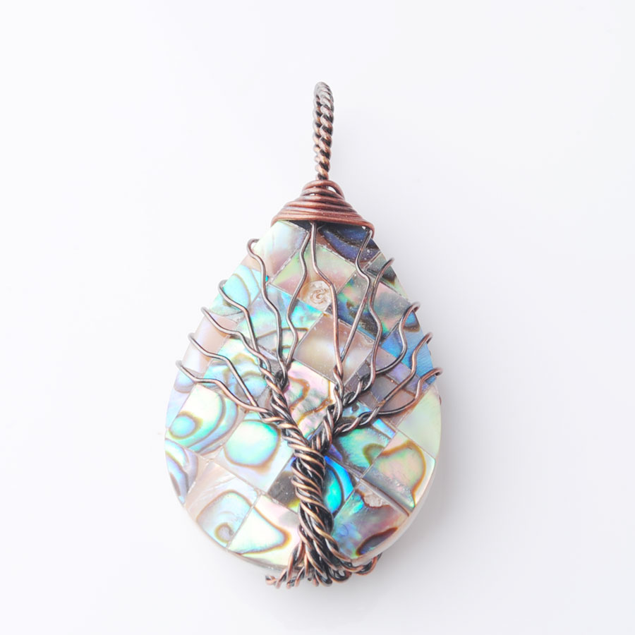 WOJIAER Necklace & Pendant Natural Abalone Shell Jewelry Tree of Life Ancient Copper Metal Wire Wrap Water Drop Bead Chain 18Inches W9311