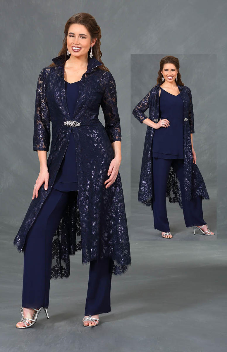 Ursula Mother Of The Bride Pant Suits 3 Pieces Dark Navy Lace Sequins Chiffon Wedding Guest Dress for Mother Elegant Formal Gowns