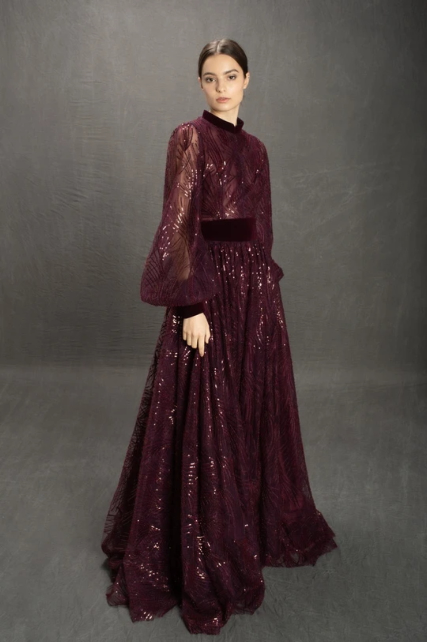 2020 Grape Prom Dresses High Neck Appliqued Sequins Tulle Sash Evening Dress A Line Custom Made Special Occasion Gowns