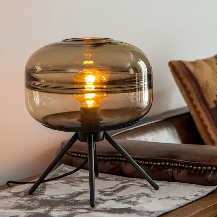 Modern American glass table lamp creative bedroom bedside brown blue gray glass shade lamp iron bracket reading desk