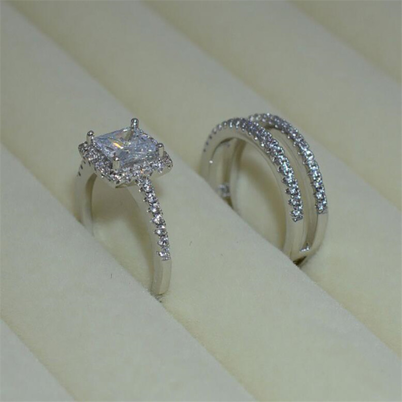 Sparkling Luxury Jewelry 925 Sterling Silver Emerlad Cut White Topaz CZ Diamond Eternity Gemstones Women Wedding Engagement Band Ring Gift