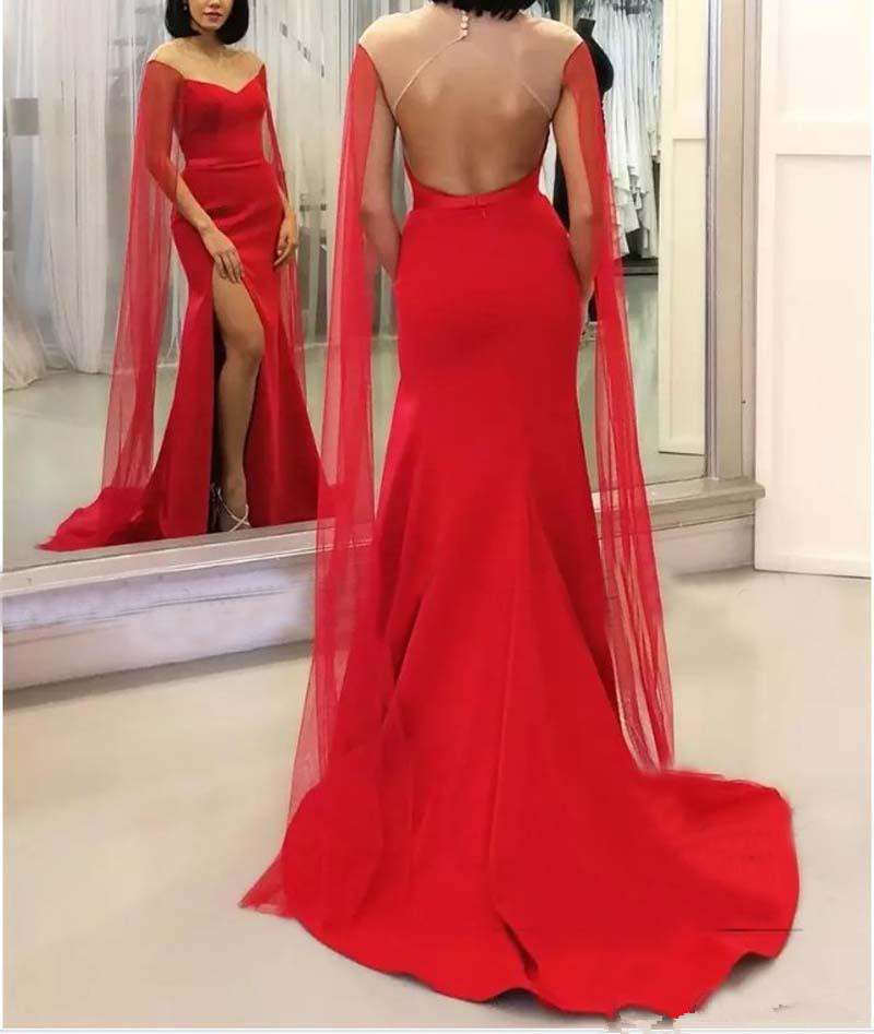 Sexy Red Backless Mermaid 2019 Caped High Split Cheap Satin Arabic Formal Dresses Party Evening Wear Prom Gowns 54 0510