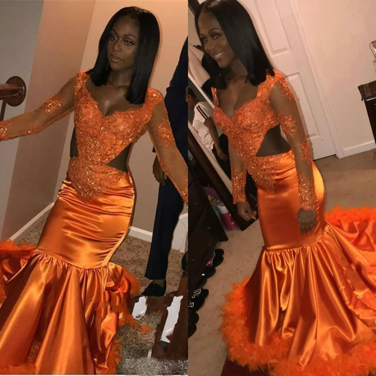 2019 Orange Mermaid Prom Dresses African V Neck Sheer Long Sleeve Lace Applique Sequined Evening Dress Cutaway Sides robes de soirée