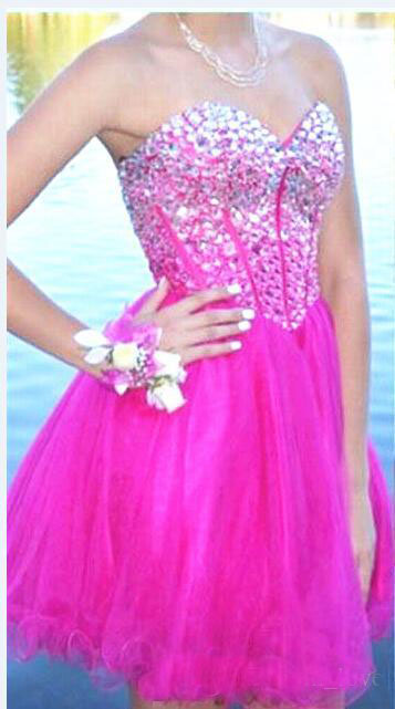 Sparkly Crystals Fuschia Homecoming Dress Sweetheart Lace up Back Tulle Short Prom Dresses Cocktail Party Gowns vestido curto Custom Made