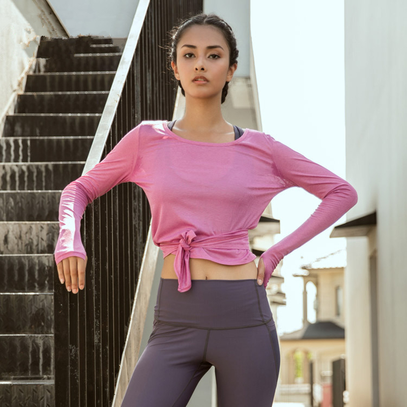 Oyoo Open Back Long Sleeve Workout Shirts White Backless Gym Top For Women knotted Athletic Yoga Tops With Thumb Holes T200401