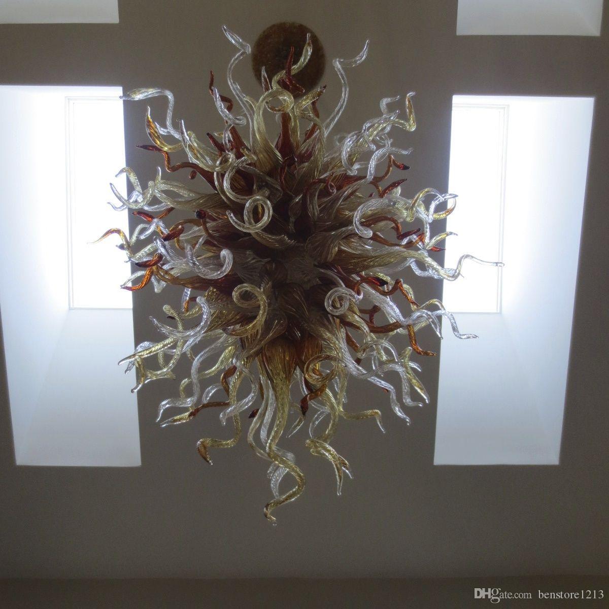 Handicraft Art Glass Chain Crystal Chandelier Golden Color Ceiling Hanging Lamp LED Light 100% Handmade Blown Glass Pendant Chandelier Light