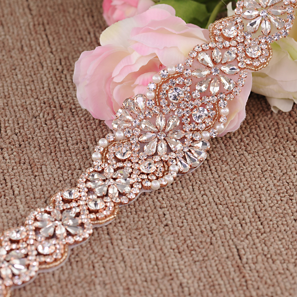 Elegant Rose Gold Bridal Sash with Rhinestones - Perfect Addition to Your Wedding Attire