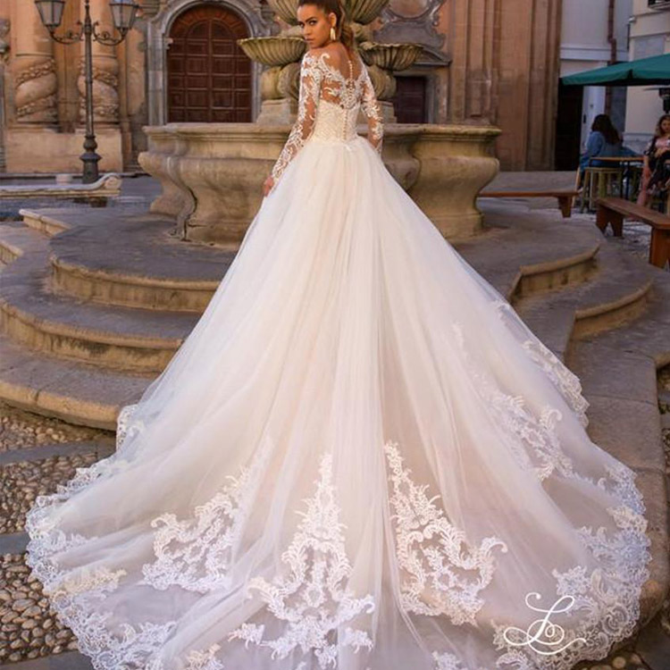Lussano Mermaid Wedding Dresses With Detachable Train Off Shoulder Long Sleeve Bridal Gown Plus Size Lace Appliqued Wedding Dress