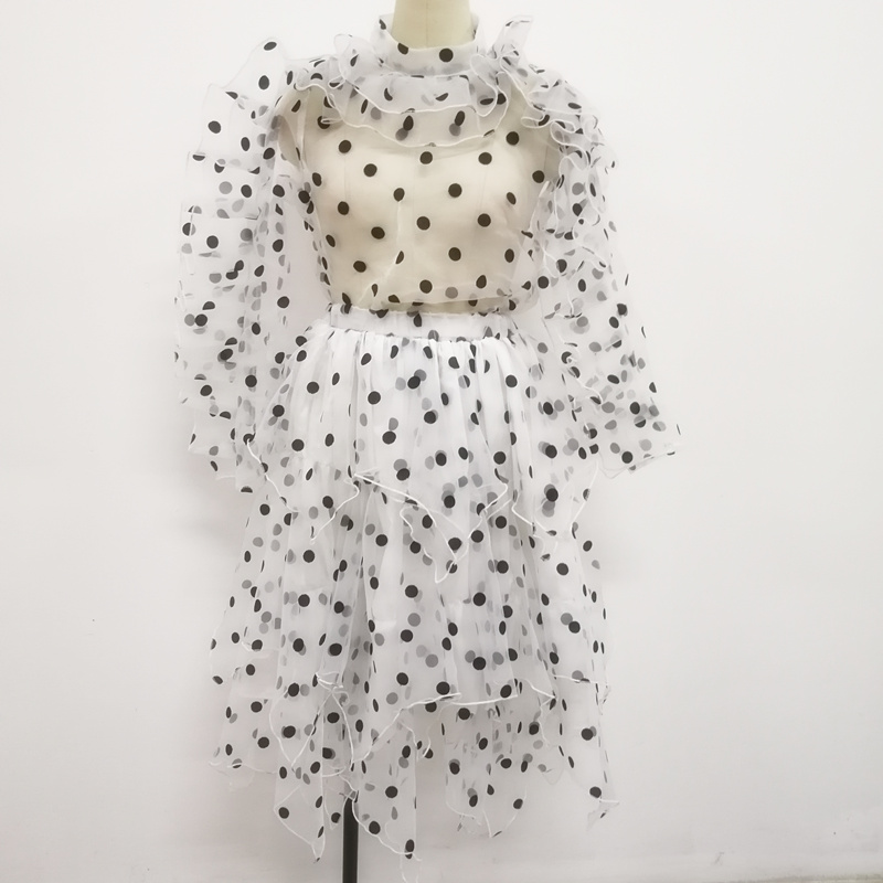 Women Blouses Tops Polka Dot Ruffles Thin Tulle Transparent Shirts See Through Elegant Lady Fashion Summer Spring Classy Female