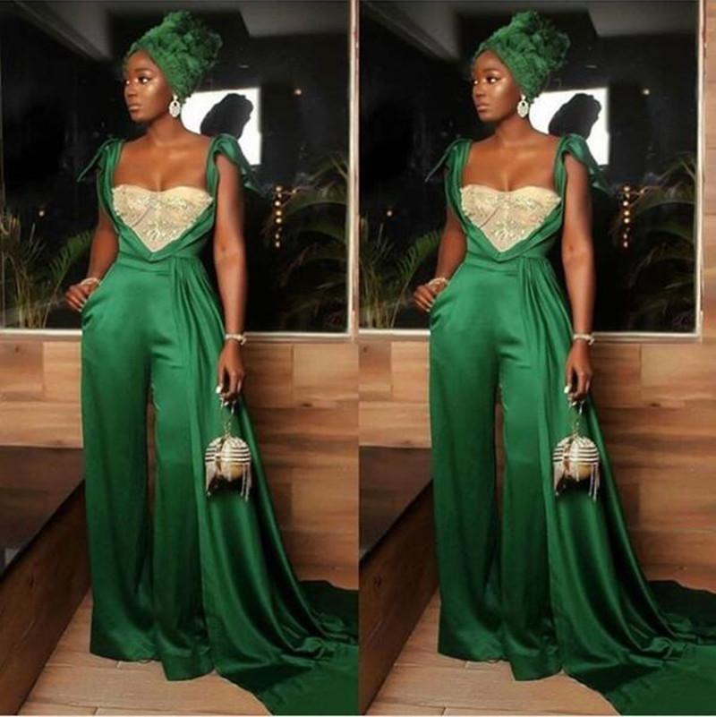 Green African 2020 Jumpsuits Prom Dresses Sweetheart Beads Crystal Evening Dress Plus Size Chic Party Gown abendkleider