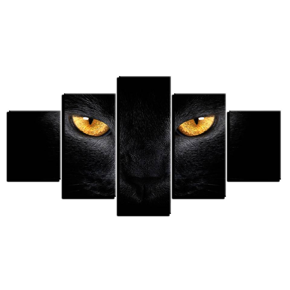 Modern Canvas Painting Wall Art Pictures 5Pcs Animal Black Cat Yellow Eyes Decor Living Room Modular HD Printed Poster(No Frame)