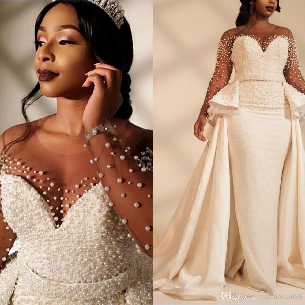 2019 African Plus Size Wedding Dresses With Overskirts Sheer Neck Long Sleeves Bridal Gowns South African Trumpet Wedding Dress