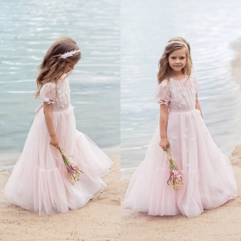 2019 Beach Pink Flower Girl Dresses Short Sleeve 3D Floral Applique Tulle Princess Toddlers Bohemian Kids Formal Wear For Wedding Prom Party